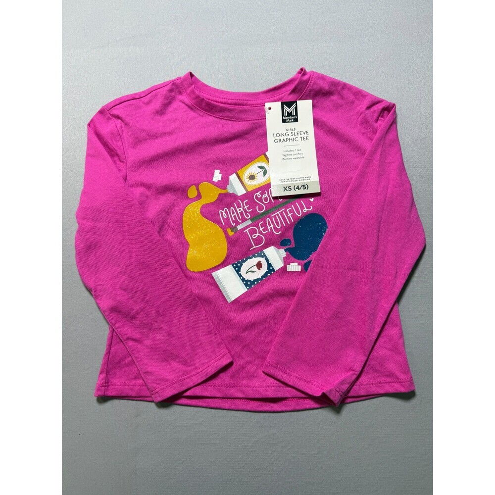 NWT Member's Mark Long Sleeve Graphic Tee Shirt Girls XS (4/5) Crewneck Pullover